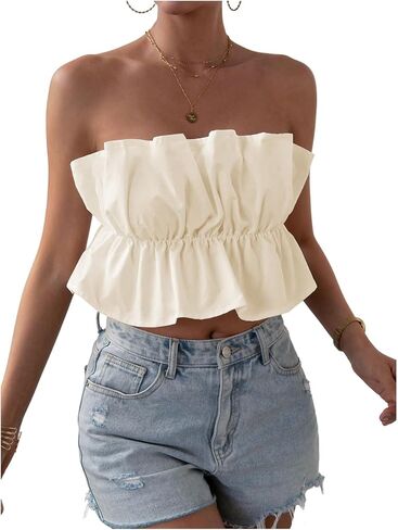 GORGLITTER Women's Strapless Bubble Tube Tops Ruffle Open Back Sleeveless Cute Summer Bandeau Peplum Crop Tops 2025 in Saudi Arabia