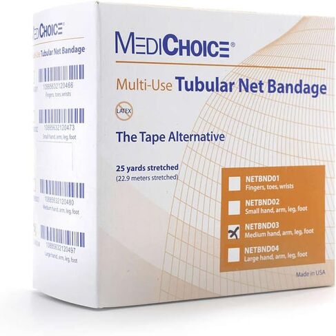 MediChoice Tubular Bandages, Net Stretch, Elastic and Polyester, White, Fits Medium Hand Arm Leg Foot, Size 3, 25 Yards (Each of 1) in Kuwait