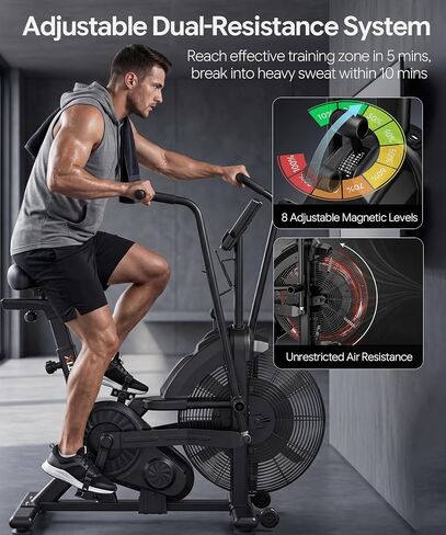 Dual Resistance Air Bike, Magnetic & Air Fan Bike with APP Connection, ISCC PLUS Certified Wind Bikes, Dual-Action Handlebars for Home Gym HIIT Cardio Full Body Workout (350LBS Capacity) in Kuwait