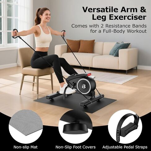 pooboo Under Desk Bike Pedal Exerciser, Quiet Magnetic Mini Exercise Bike with 16 Resistance Levels, Arm & Leg Workout, Resistance Bands，Desk Pedal Bike for Home/Office Workout in Kuwait