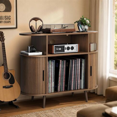 KFO Fluted Record Player Stand, Vinyl Record Player Table with Charging Station & Sliding Doors, Holds 200+ Albums, Mid Century Record Storage Cabinet for Living Room, Walnut in Saudi Arabia