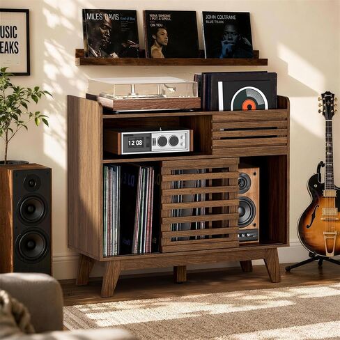 KFO Fluted Record Player Stand, Vinyl Record Player Table with Charging Station & Sliding Doors, Holds 200+ Albums, Mid Century Record Storage Cabinet for Living Room, Walnut in Saudi Arabia