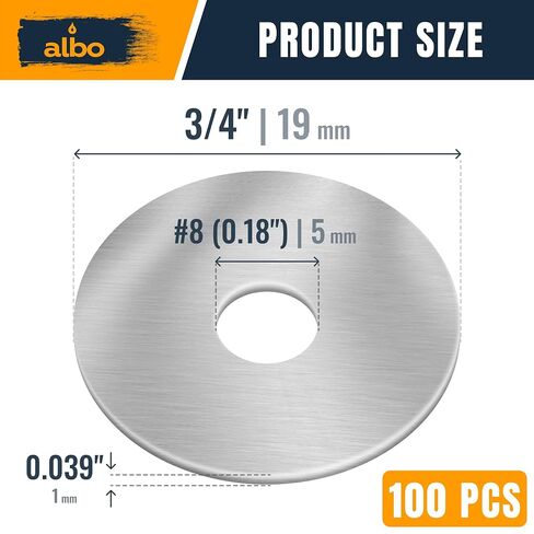 ALBO 100 قطعة من غسالات الرفارف المصنوعة من الفولاذ المقاوم للصدأ #8 × 3/4 بوصة غسالات مسطحة للبراغي والمسامير، 304 من الفولاذ المقاوم للصدأ، مجموعة غسالات شديدة التحمل للاستخدام الصناعي والمنزلي in Kuwait