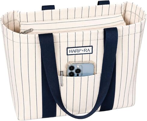 HARP+RA Large Striped Canvas Tote Bag for Women – Zip-Top Closure, Laptop Sleeve, Luggage Strap & Hidden Pocket for Travel in Kuwait