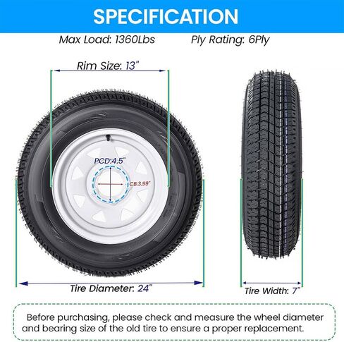 2 حزمة من إطارات المقطورة والعجلات ST175/80D13، نطاق تحميل 13 بوصة 6PR C، 5 عروة على نمط مسمار 4.5 بوصة، إطارات مقطورة للقوارب شديدة التحمل مع حافة فولاذية (أسود) in Kuwait