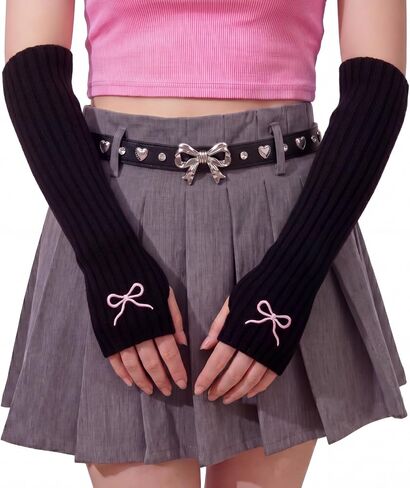 Mepase Cute Y2k Bow Arm Warmers Embroidered Bow Kawaii Arm Warmers Knitted Fingerless Gloves Kawaii Accessories for Women in Kuwait