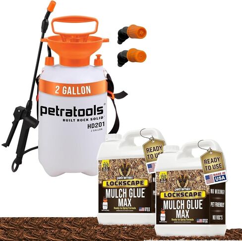 مجموعة PetraMax Lockscape Mulch Glue للمناظر الطبيعية - 1 جالون غراء Mulch (عبوتان) + بخاخ مضخة Petratools HD201 سعة 2 جالون، مثبت المهاد لأسرة الحديقة واللحاء وقش الصنوبر والمناظر الطبيعية in Kuwait