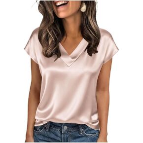 Elegant Tops for Women Satin V Neck Short Sleeve Blouse Solid Dressy Top for Office Fashion Daily Wear in Saudi Arabia