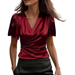 Holiday Tops for Women Satin Wrap V Neck Puff Short Sleeve Blouse Dressy Top for Office Lounge Daily Wear in Saudi Arabia
