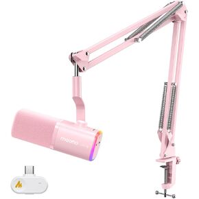 MAONO PD100W USB Wireless Dynamic Microphone for PC, Gaming Streaming Podcast Mic with Noise Reduction,Custom RGB, Mute，Volume Control, Computer Boom Mic for Vocal Recording, Pink in Saudi Arabia