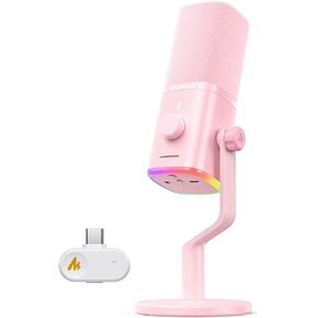 MAONO PD100W Wireless USB Dynamic Microphone, Gaming PC Mic with One-Click Noise Reduction,Mute Button,Custom RGB,3.5mm Headphone Jack,Software, Podcast Streaming Mic (Desktop(USB-C Receiver), Pink) in Saudi Arabia