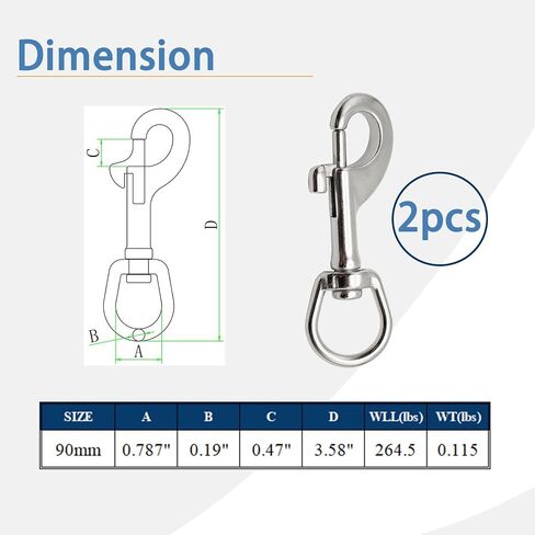 3.5 Inch Swivel Eye Snap Hook Marine Grade Bolt Snap 316 Stainless Steel Single Ended Heavy Duty Flag Clips Swivel Snaps for Scuba Diving,Camera Strap, Flag Pole Rope, Dog Leash 2pcs in Kuwait
