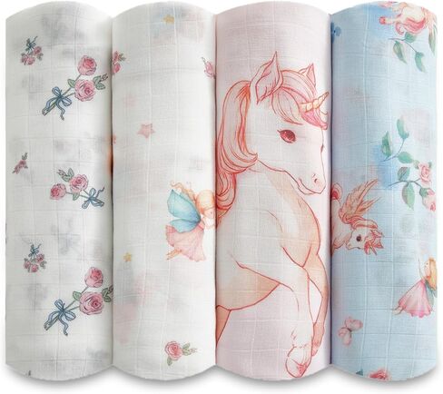 Muslin Baby Swaddle Blankets, 4-Pack 47x47 inches, Breathable 100% Rayon from Bamboo Receiving Blanket, Shower & Registry Gift (Little Dragon/Blue Castle/Hot Air Balloon/Prince & Dragon) in Saudi Arabia