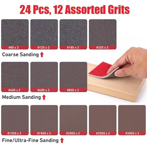 24 Pcs 80-3000 Grit Sanding Sponge Assortment, Wet Dry Sanding Blocks, 3×4 Inch in Kuwait
