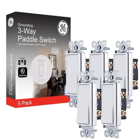 GE Grounding Paddle Rocker Switch 5 Pack، 3 Way، في الحائط تشغيل / إيقاف تشغيل مفتاح الطاقة لمراوح السقف والأضواء، 15 أمبير، رائع للمنزل والمكتب والمطبخ، مدرج في قائمة UL، أبيض، 44026 in Kuwait