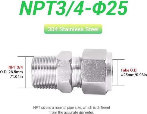 موصل تركيب أنابيب أنبوب الضغط، 1 قطعة 25 مم OD × 3/4 بوصة NPT 304 موصل ذكر من الفولاذ المقاوم للصدأ، محول اقتران مستقيم لمياه النفط والغاز وأنظمة خطوط الأنابيب الأخرى in Kuwait