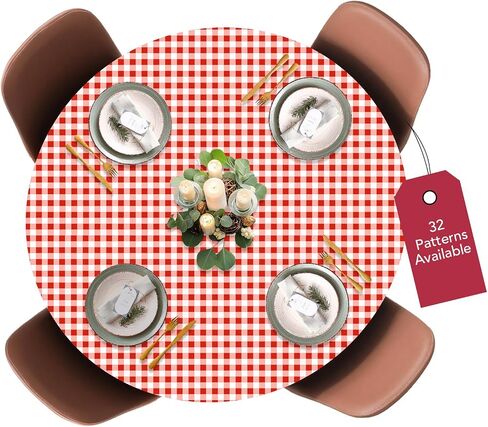 Covers For The Home Deluxe Elastic Edged Flannel Backed Vinyl Fitted Table Cover - Gingham (Red) Pattern - Large Round Oblong Oval - Fits Tables up to 45" - 56" Diameter in Kuwait