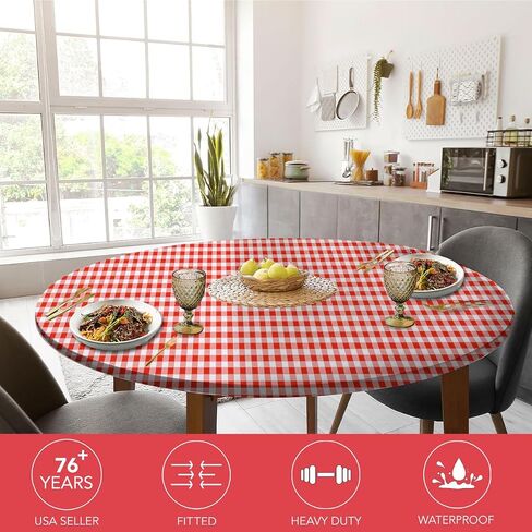 Covers For The Home Deluxe Elastic Edged Flannel Backed Vinyl Fitted Table Cover - Gingham (Red) Pattern - Large Round Oblong Oval - Fits Tables up to 45" - 56" Diameter in Kuwait