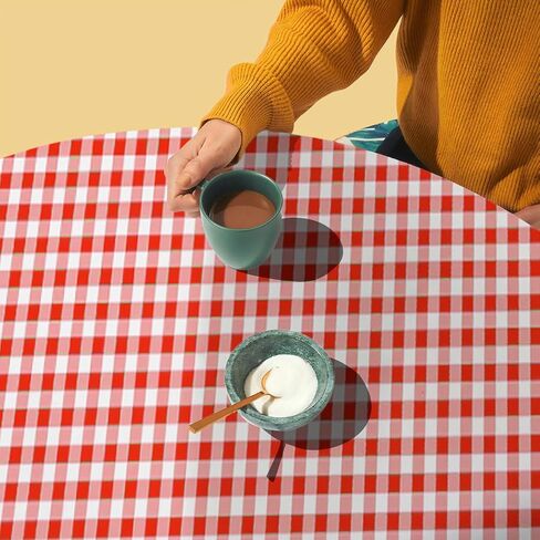 Covers For The Home Deluxe Elastic Edged Flannel Backed Vinyl Fitted Table Cover - Gingham (Red) Pattern - Large Round Oblong Oval - Fits Tables up to 45" - 56" Diameter in Kuwait