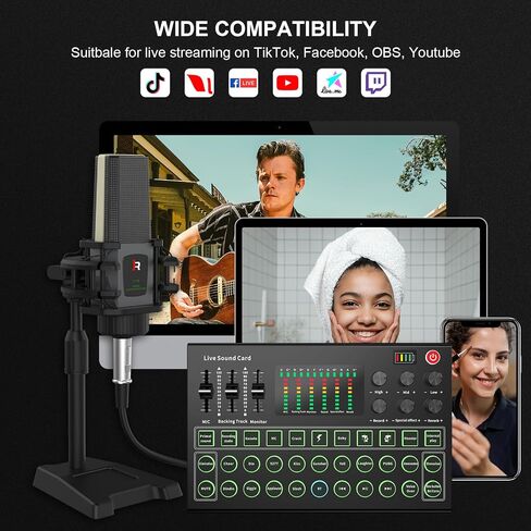 حزمة معدات البودكاست RHM M9، مجموعة أدوات الكل في واحد مع ميكروفون مكثف وحامل ثلاثي القوائم، يدعم اتصال الجيتار أو الجهير، بطارية 8H، خلاط صوت محمول لـ TikTok، YouTube، الكمبيوتر الشخصي، الهاتف الذكي in Kuwait