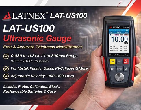 مقياس سمك بالموجات فوق الصوتية LATNEX LAT-US100 - نطاق 1.00-300 مم (فولاذ) - مقياس NDT رقمي عالي الدقة 0.01 مم - جهاز اختبار سمك الجدار المحمول للمعادن والأنابيب والبلاستيك والزجاج مع مسبار وحقيبة 5 ميجاهرتز in Kuwait