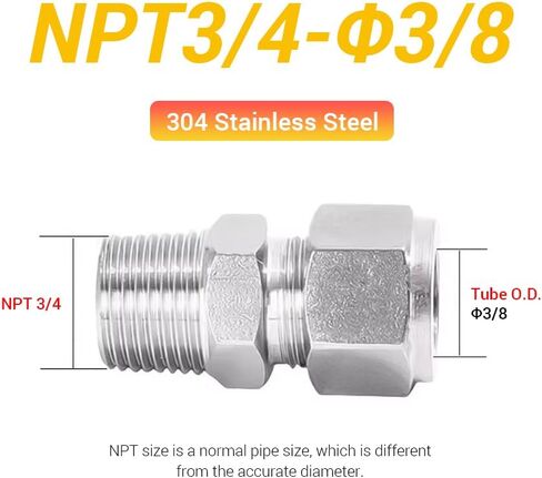 موصل تركيب أنابيب أنبوب الضغط، قطعتان 3/8 بوصة OD × 3/4 بوصة NPT 304 موصل ذكر من الفولاذ المقاوم للصدأ، محول اقتران مستقيم لمياه النفط والغاز وأنظمة خطوط الأنابيب الأخرى in Kuwait
