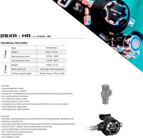 Mares 28XR-HR 1st & 2nd Stage Technical Cold Water Diving Breathing Regulator System, DIN G5/8 300 Bar in Kuwait