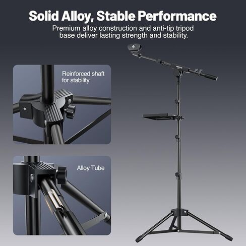 PHENYX PRO Microphone Stand with 22x16cm Large Tray, Adjustable Stand Height, Dual Mic Clips & Carrying Bag, Ideal for Live Streaming, Recording, and Speeches （MA-S1） in Kuwait