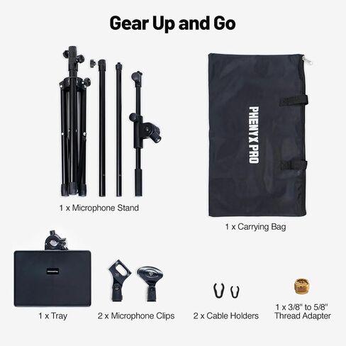 PHENYX PRO Microphone Stand with 22x16cm Large Tray, Adjustable Stand Height, Dual Mic Clips & Carrying Bag, Ideal for Live Streaming, Recording, and Speeches （MA-S1） in Kuwait