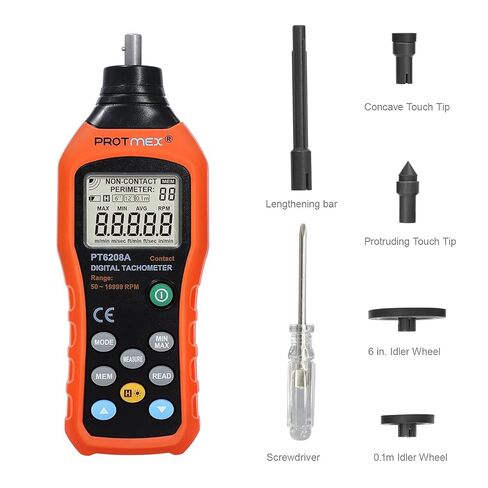مقياس سرعة الدوران الرقمي Protmex، مقياس سرعة الدوران 50-19999 دورة في الدقيقة، 100 مجموعة من عدادات السرعة المحمولة مع إضاءة خلفية، مقياس سرعة الدوران Max/Min/AVG RPM، PT6208A (البطاريات متضمنة) in Kuwait