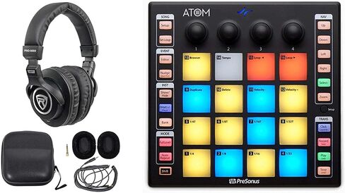 حزمة توفير الصوت: وحدة تحكم PRESONUS ATOM ذات 16 لوحة USB MIDI RGB DJ + حزمة برامج تسجيل Studio One مع سماعات Rockville PRO-M50 Studio مع كابل ملف قابل للفصل (عنصران) in Saudi Arabia