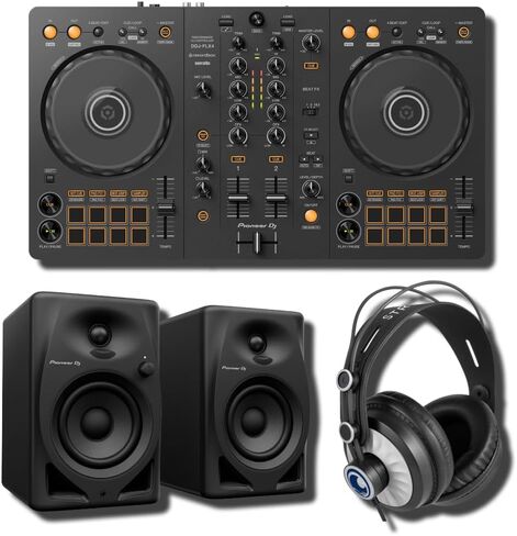 حزمة وحدة تحكم DJ Pioneer DDJ-FLX4 مع شاشات سطح المكتب DM-40D وسماعات رأس StreamEye Cans50 - وضع DJ واستوديو، اتصال مباشر RCA، rekordbox وSerato، يعمل بحافلة USB in Kuwait
