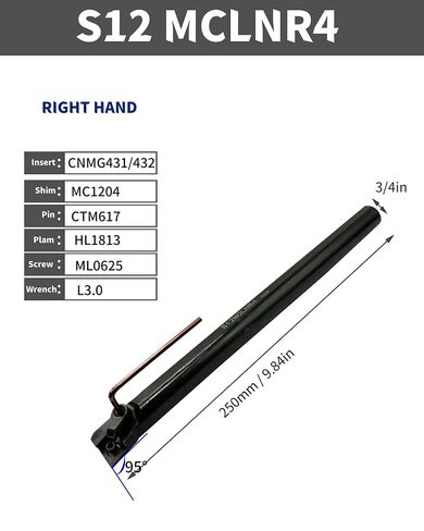 GBJ Lengthened 3/4in Shank Indexable Metal Lathe Turning Tool Holder with 10pcs CNMG431 Boring bar Inserts Carbide Turning Inserts for Steel (S12-MCLNR4+CNMG120404) in Kuwait