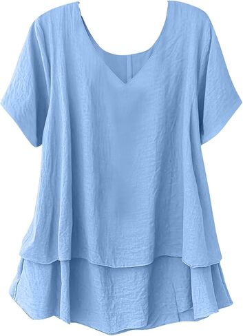 Linen Shirts for Womens Fashion Casual Crewneck Short Sleeve Tops Breathable Double Layer Baggy Summer Blouses in Saudi Arabia