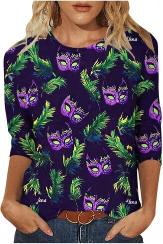 Shirts for Women Funny Mask Print Crewneck 3/4 Sleeve Casual Tops New Orleans Carnival Party Tshirt in Saudi Arabia