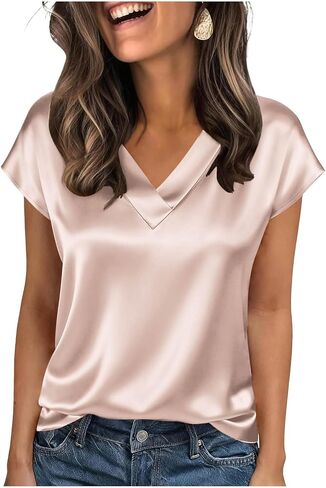 Elegant Tops for Women Satin V Neck Short Sleeve Blouse Solid Dressy Top for Office Fashion Daily Wear in Saudi Arabia