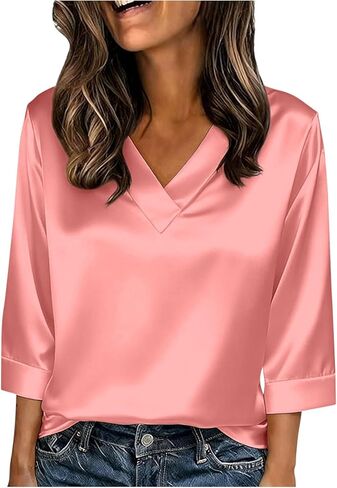 Holiday Outfits for Women Satin V Neck Blouse 3/4 Sleeve Solid Dressy Top for Office Lounge Daily Wear in Kuwait