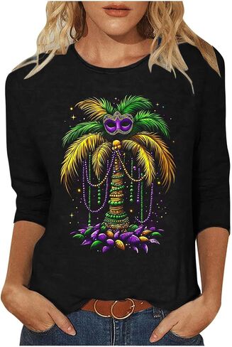 قمصان للنساء مضحك قناع طباعة Crewneck 3/4 كم بلايز عادية نيو أورليانز كرنفال حفلة التي شيرت in Kuwait