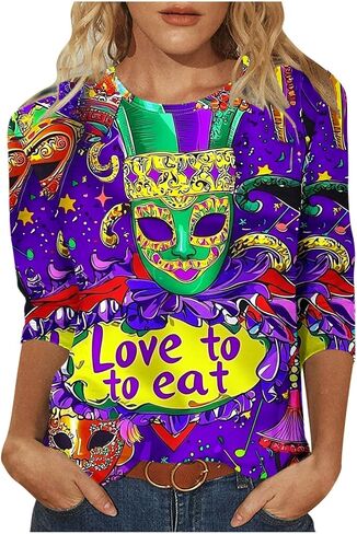 قمصان للنساء مضحك قناع طباعة Crewneck 3/4 كم بلايز عادية نيو أورليانز كرنفال حفلة التي شيرت in Kuwait