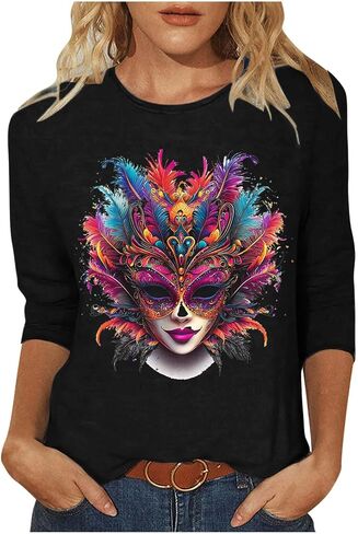 قمصان للنساء مضحك قناع طباعة Crewneck 3/4 كم بلايز عادية نيو أورليانز كرنفال حفلة التي شيرت in Kuwait