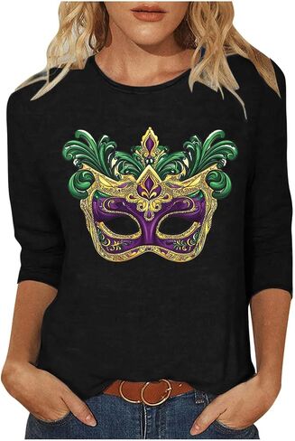 قمصان للنساء مضحك قناع طباعة Crewneck 3/4 كم بلايز عادية نيو أورليانز كرنفال حفلة التي شيرت in Kuwait