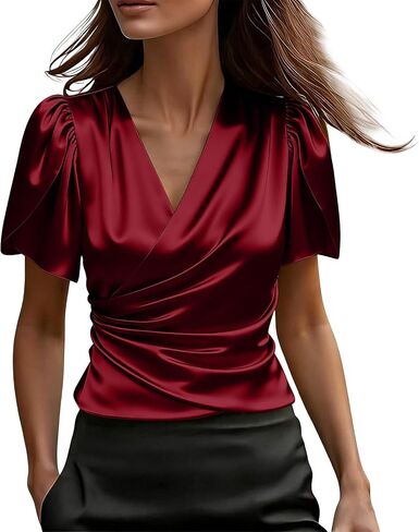 Holiday Tops for Women Satin Wrap V Neck Puff Short Sleeve Blouse Dressy Top for Office Lounge Daily Wear in Saudi Arabia