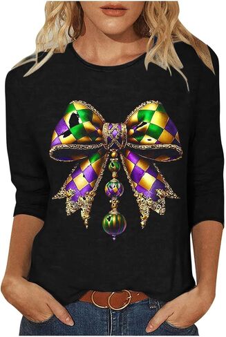 قمصان للنساء مضحك قناع طباعة Crewneck 3/4 كم بلايز عادية نيو أورليانز كرنفال حفلة التي شيرت in Kuwait
