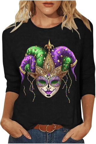 قمصان للنساء مضحك قناع طباعة Crewneck 3/4 كم بلايز عادية نيو أورليانز كرنفال حفلة التي شيرت in Kuwait