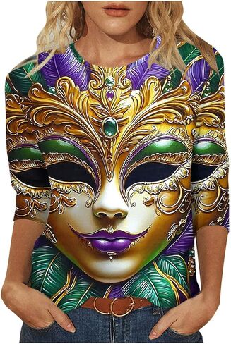 قمصان للنساء مضحك قناع طباعة Crewneck 3/4 كم بلايز عادية نيو أورليانز كرنفال حفلة التي شيرت in Kuwait
