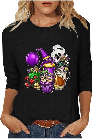 قمصان للنساء مضحك قناع طباعة Crewneck 3/4 كم بلايز عادية نيو أورليانز كرنفال حفلة التي شيرت in Kuwait