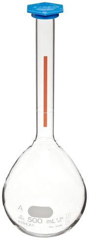 Corning Pyrex 5600-250 Borosilicate Glass 250mL +/- 0.1mL Flat Bottom Class A Lifetime Red Volumetric Flask, with Polyethylene Snap-Cap (Pack of 6) in Kuwait