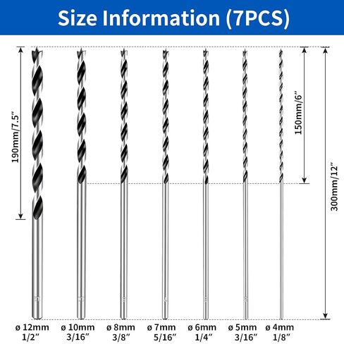 7 Pcs Long Wood Drill Bit Set, Extended Center Position Wood Drill Bit Set, 12-inch (300 mm), Suitable for Various Woods Including Hardwood, Plywood, and Plastics (Metric 4/5/6/7/8/10/12 mm) in Kuwait