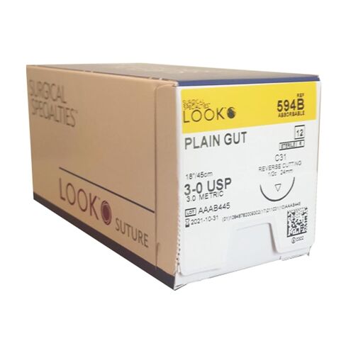 Look X594B Plain Gut Absorbable Sutures 3-0 18 C31 1/2 Circle Reverse Cutting 24mm 12/Pk in Kuwait