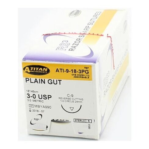 A Titan 9-18-3PG Plain Gut Absorbable Sutures 18" C-9 3-0 1/2 Rev Cut 12/Bx in Kuwait